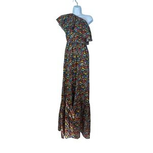 Perseverance One Shoulder Floral Maxi Dress MultiColor Ruffle 14 Linen Blend NEW